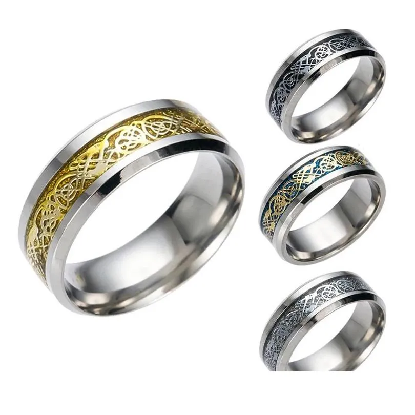 punk dragon pattern band rings for men inlay comfort fit stainless steel wedding ring wide 8mm