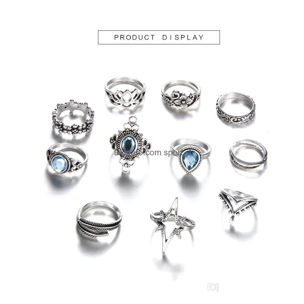 knuckle ring set silver retro diamond engraving starry gemstone 11 piece set boho can be superimposed ring female