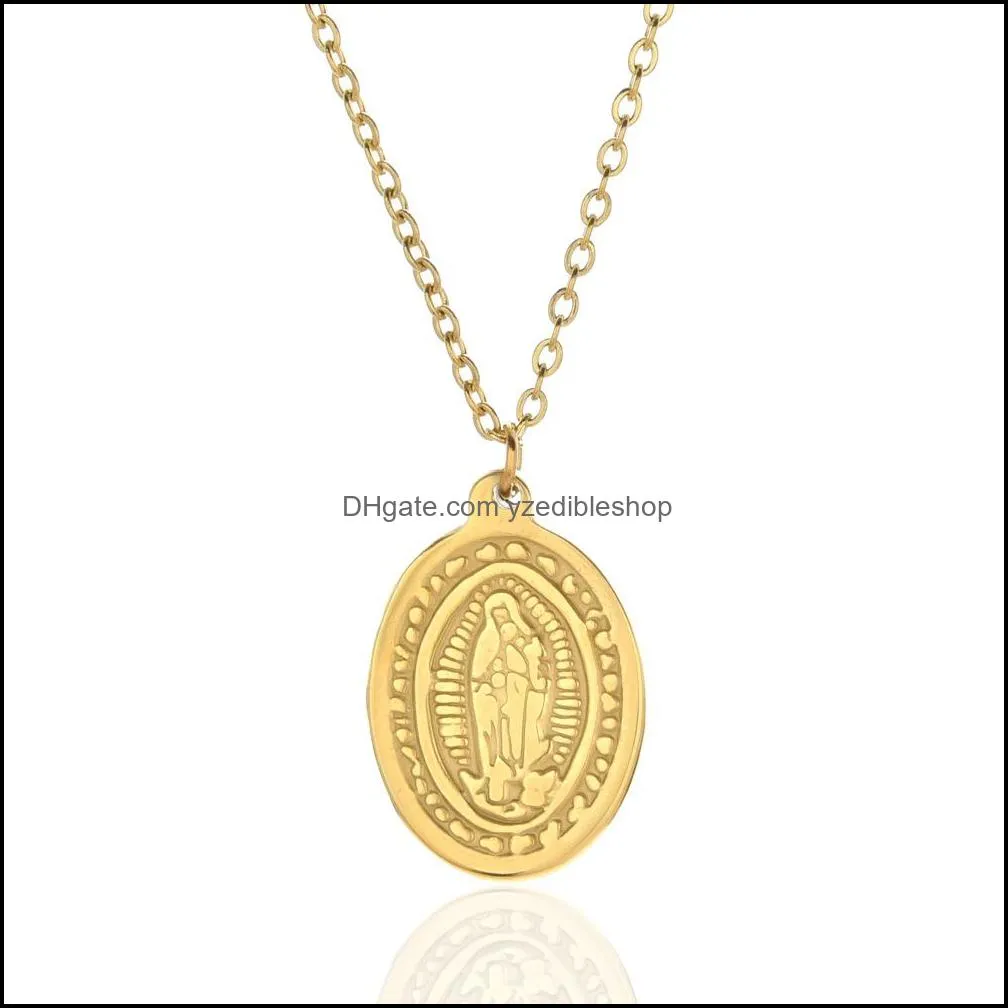 stainless steel christian jesus madonna pendant necklace gold disc necklaces women men fashion jewelry chains