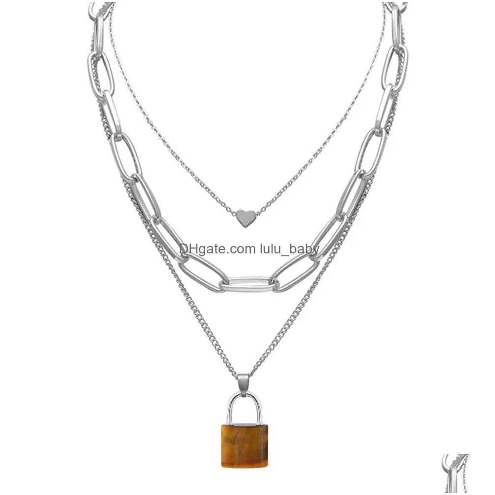 multi layered gemstone lock pendant necklace chunky punk silver chain choker cuban link statement jewelry for women and girls
