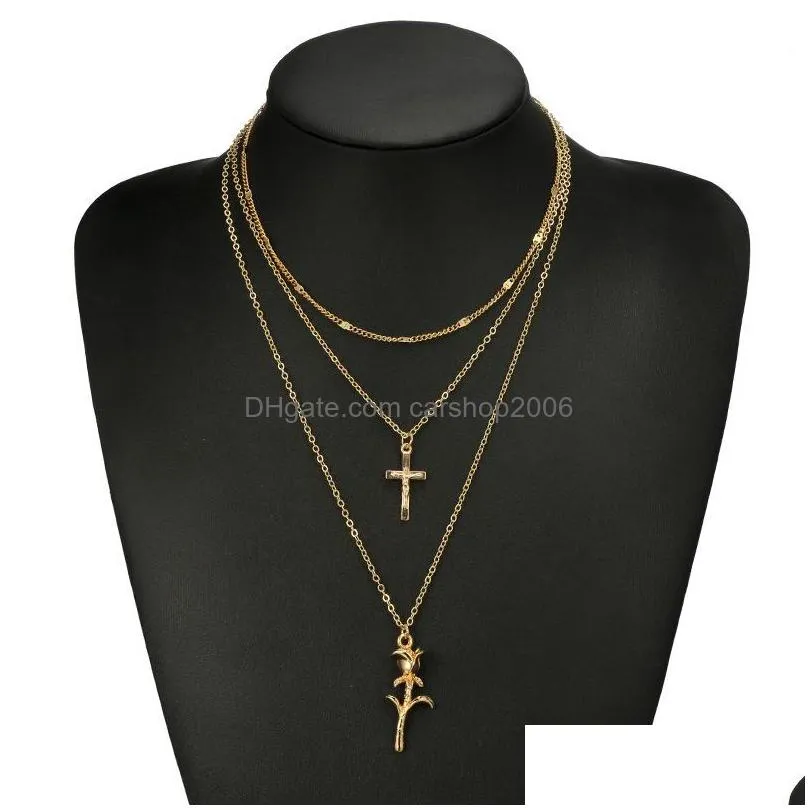 layered pendant for women girl gold silver handmade long cross chain chocker necklaces