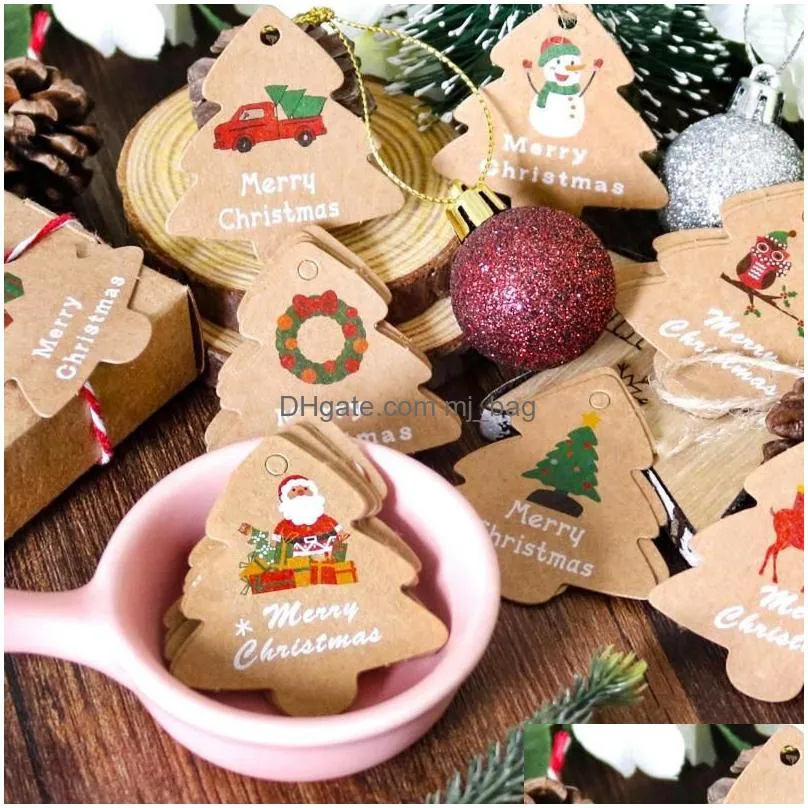 christmas decorations kraft gift cards merry chritmas greeting year with envelope and xmas tree stickers cute designs 48 tags 50 rope