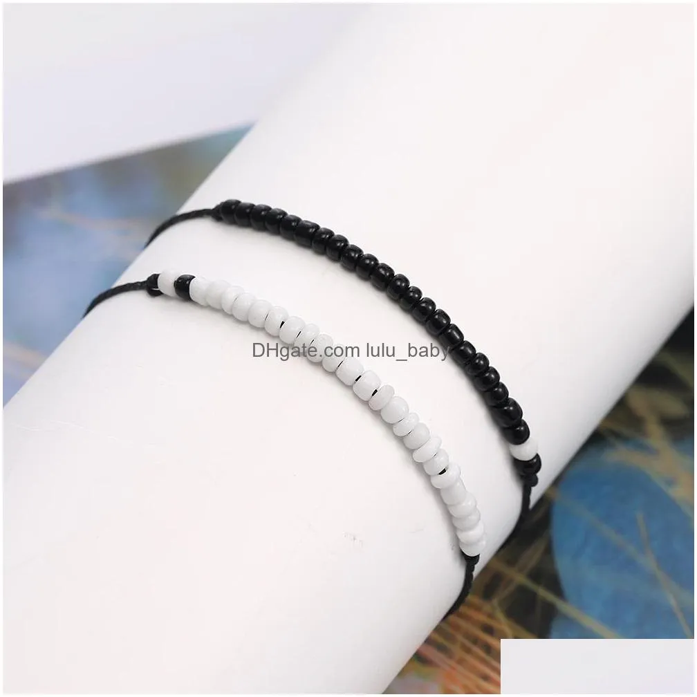 classic design couple strands bracelet set handmade wax rope woven black and white rice beads friendship bracelets women men