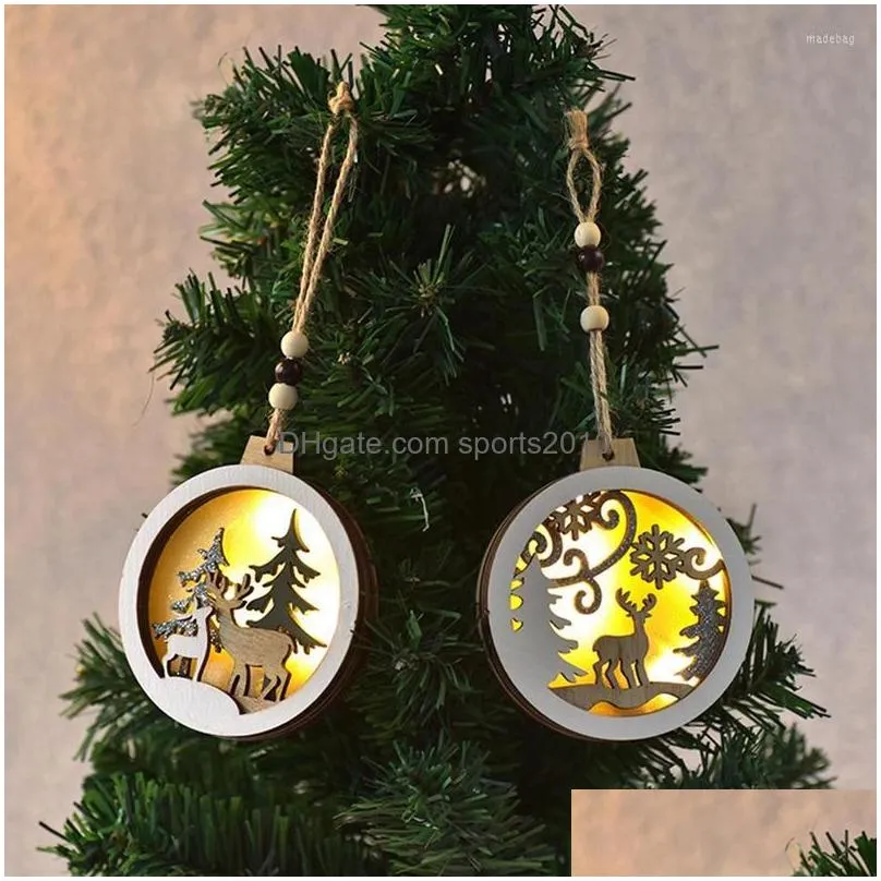 christmas decorations led hanging ornaments wooden round elk luminous pendants for tree xmas supplies