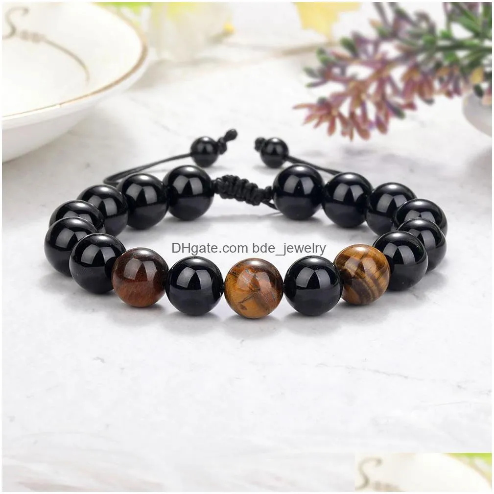  arrival tiger eye beaded strand bracelet for men women adjustable size 10mm lava stone black beads braided bracelets jewelry gift