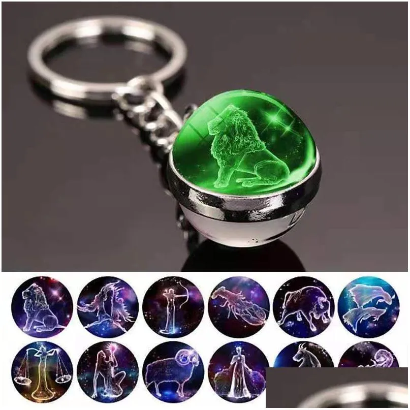 12 constellation luminous keychains glass ball pendant zodiac keychain glow in the dark key chain holder men women birthday gift