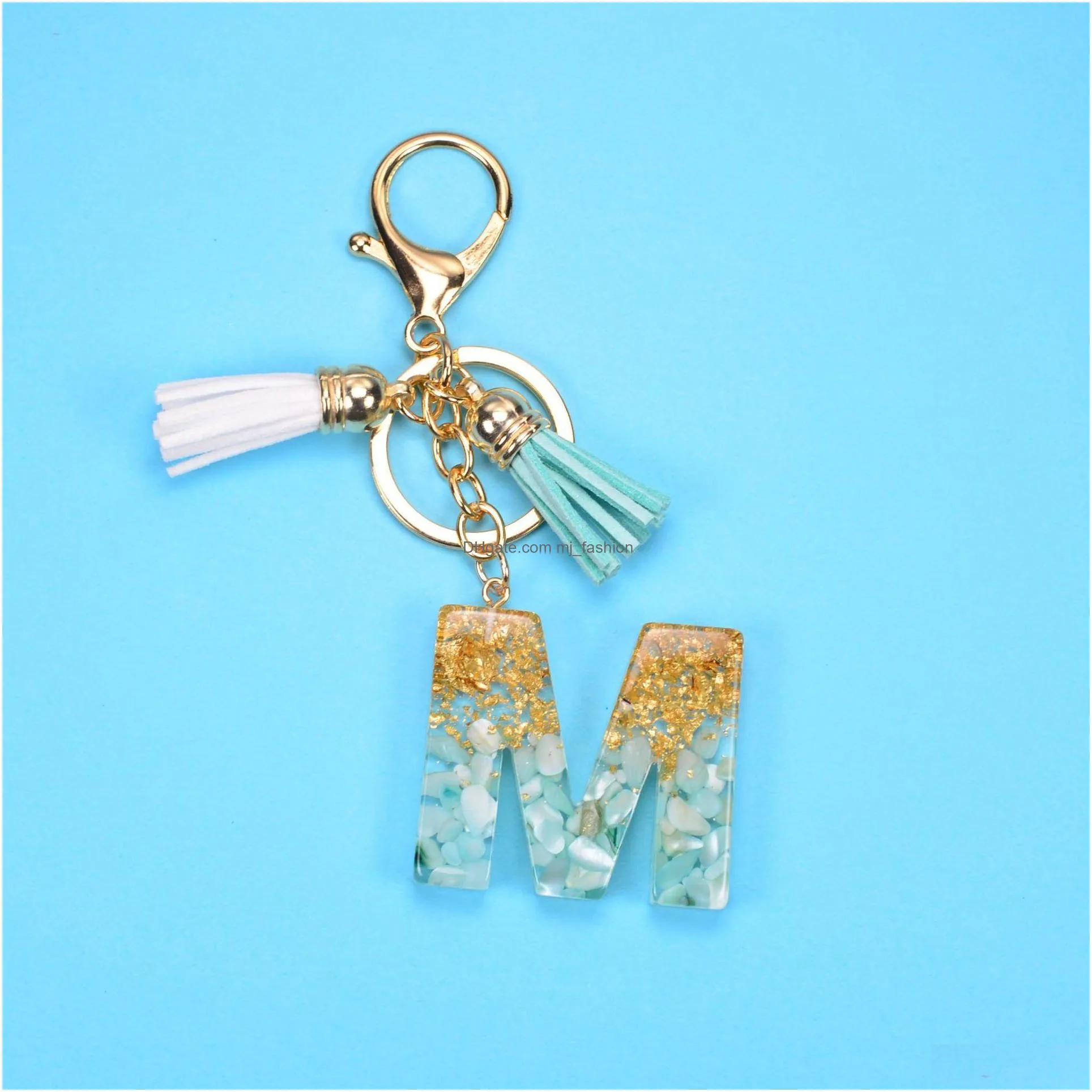 fashion 26 letters resin keychains for women gold foil bag pendant charms handbag accessories tassel key rings