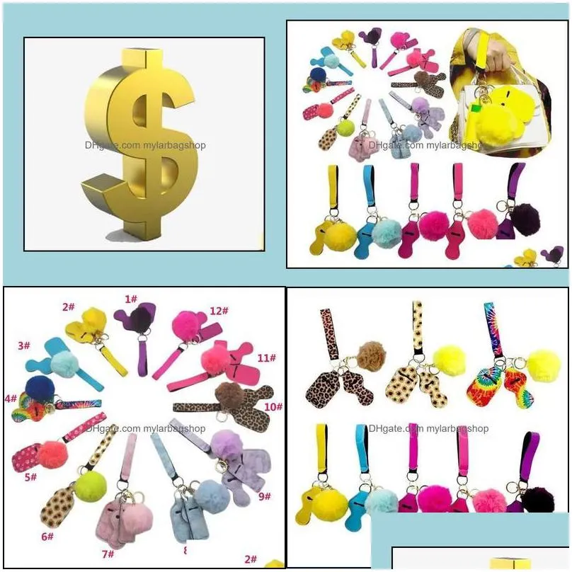 party favor event supplies festive home garden 11 colors 5pcs defense keychain set pompom hand sanitizer wr dhsm7