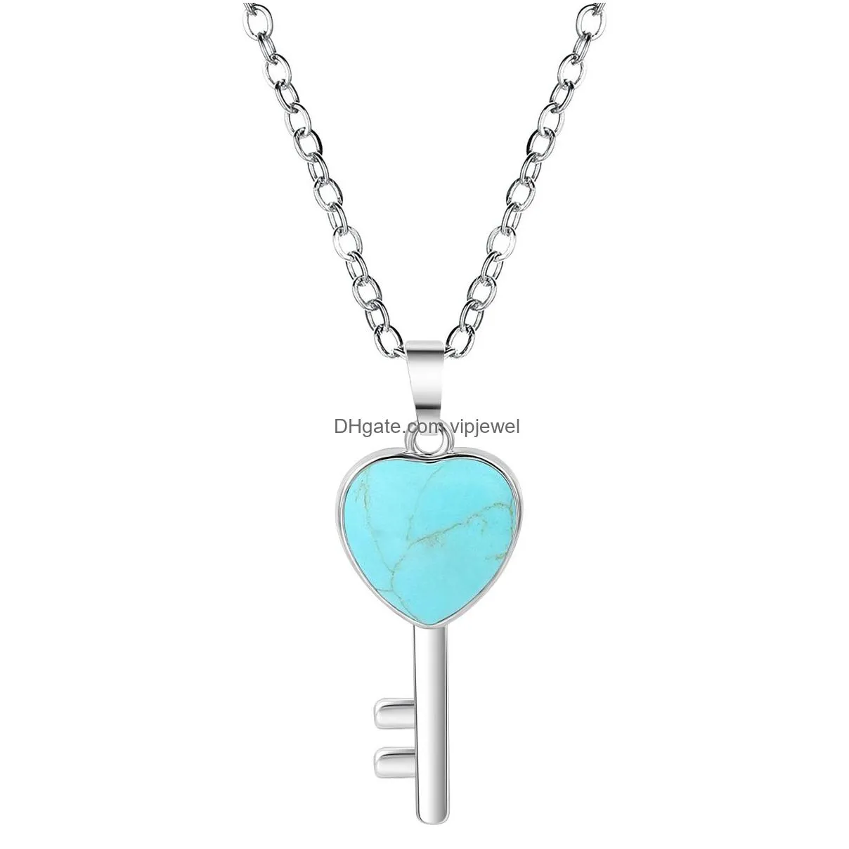 natural gemstone heart key pendant necklace for women men birthstone healing chakra crystal quartz jewelry 45cm silver chain