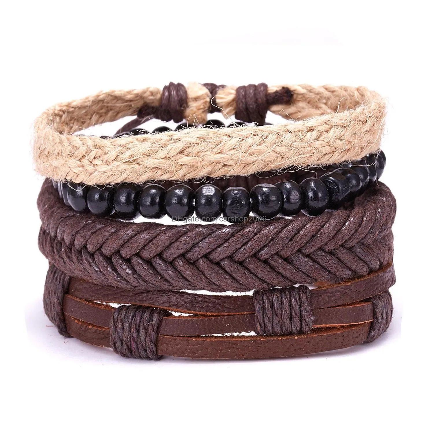 ethnic 4 pcs/set wood beads charm handmade woven men leather bracelets women vintage bangle male homme jewelry accessories