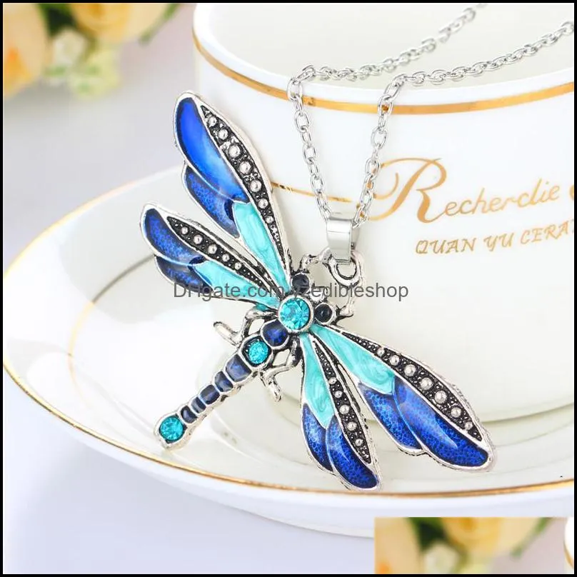 crystal rhinestone dragonfly necklace antique silver enamel pendant chain animal model fashion jewelry for women gift