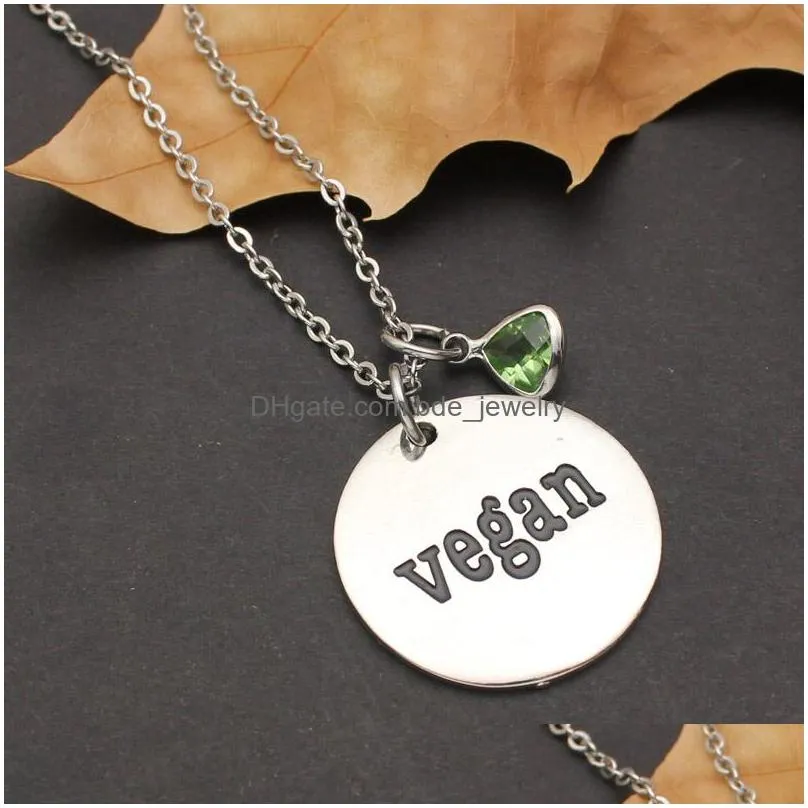 fashion vegan necklace with crystal pendant for women men stainless steel round vegetarian symbol lifestyle jewelry gift
