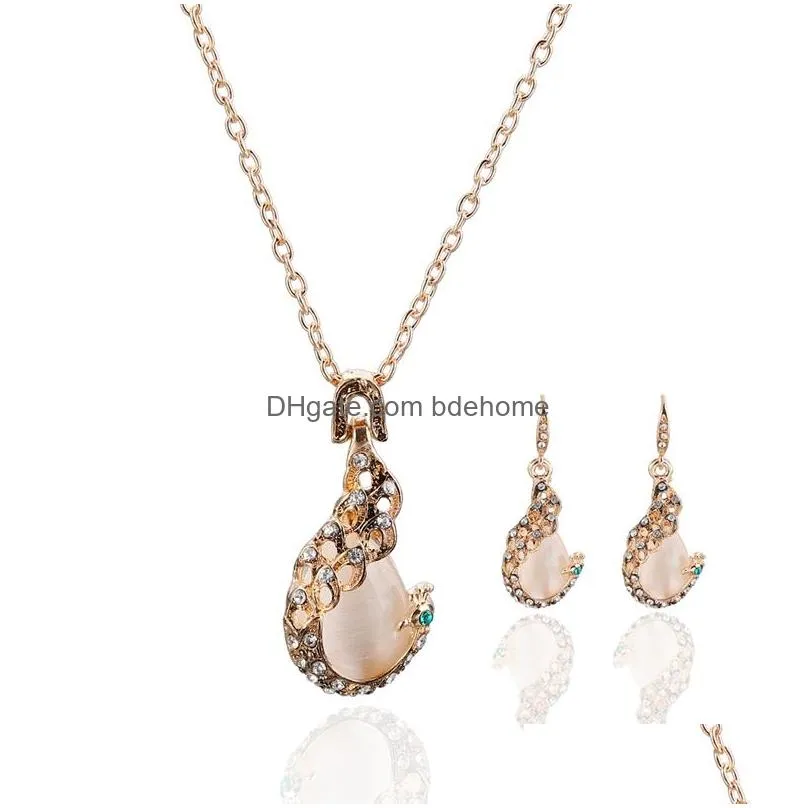 peacock dropshaped opal set 2 piece set fashion jewelry set necklace earrings wedding party accessories