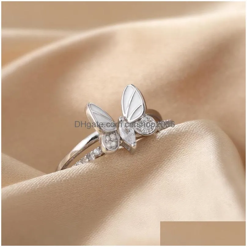 silver korean white threedimensional butterfly zircon double ring set unique design insect combination