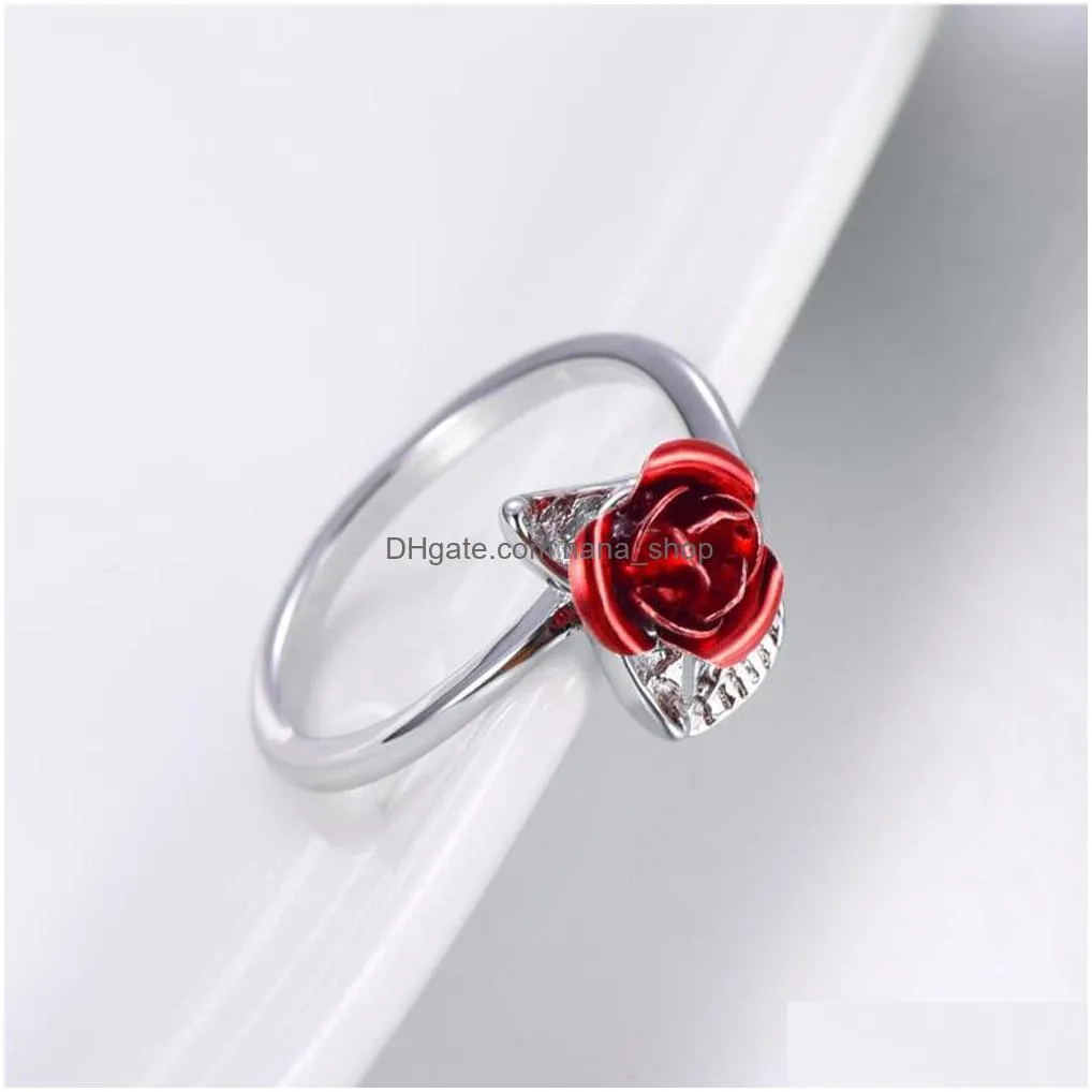 trendy red rose garden flower leaves open ring resizable finger rings for women valentines day gift jewelry