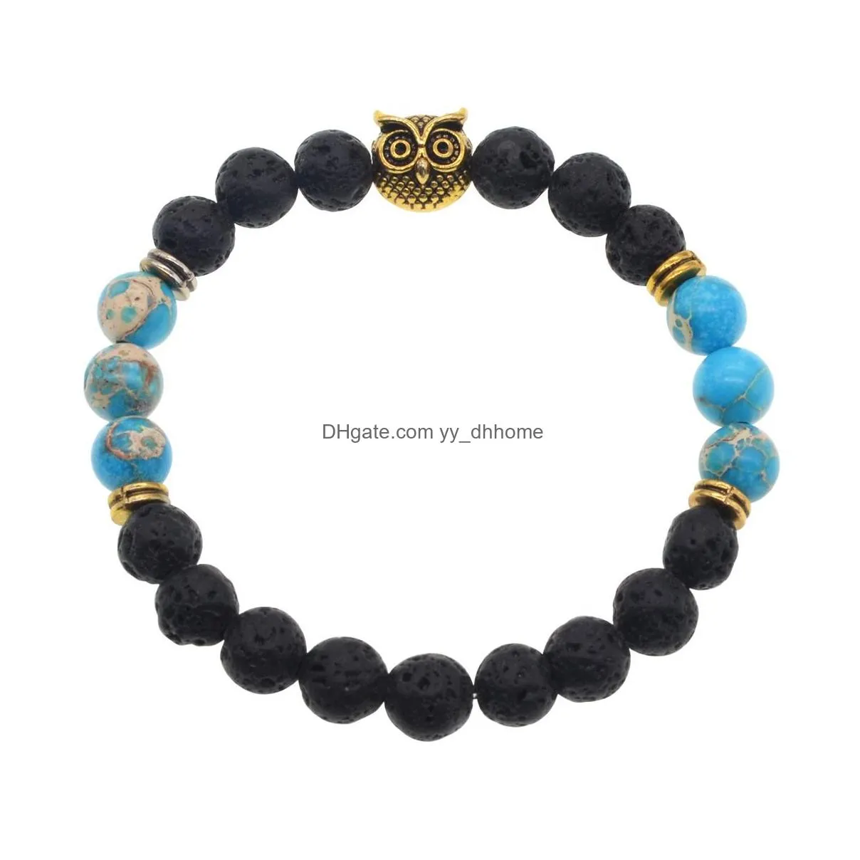 owl head lava stone beaded strands bracelet men beaded rock gemstone beads antique gold animal bracelets pluseras women stretch yoga