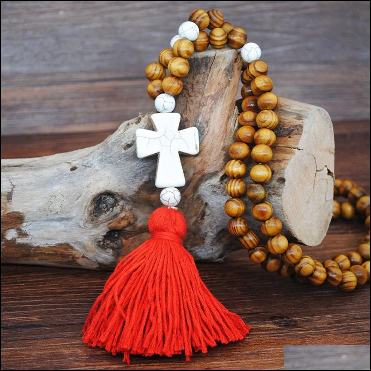 long statement tassel pendant necklace handmade knotted wood beads buddha jewelry for women girl wooden stone necklaces