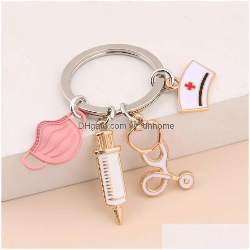  doctor keychain medical tool key ring injection syringe stethoscope nurse cap keychains medico gift diy jewelry handmade