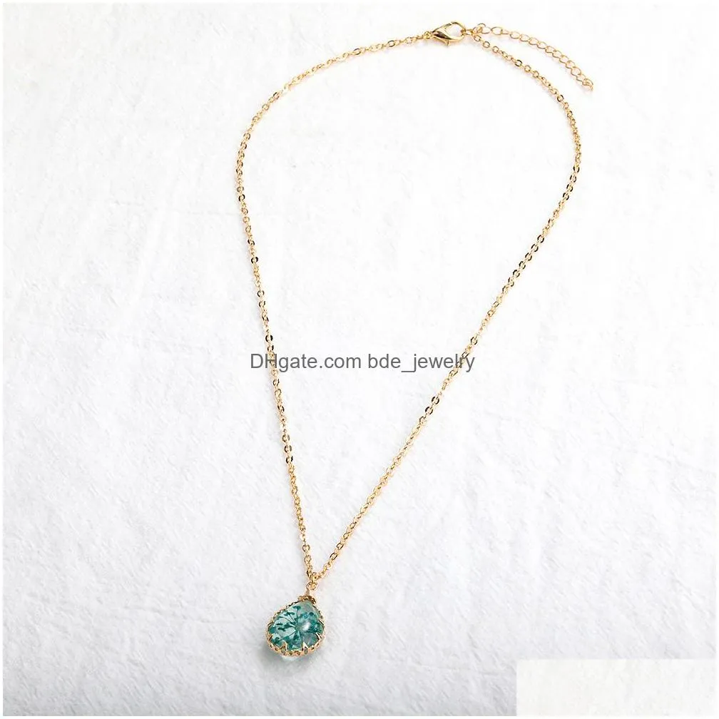 handmade water drop dried flower glass pendants necklace for women girls gold color chain necklaces wedding jewelry valentines day