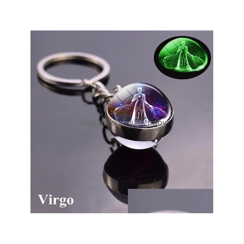 12 constellation luminous keychains glass ball pendant zodiac keychain glow in the dark key chain holder men women birthday gift