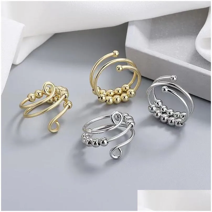 anti anxiety rings with beads spinner fidget ring for women adjustable worry double layer relief ring