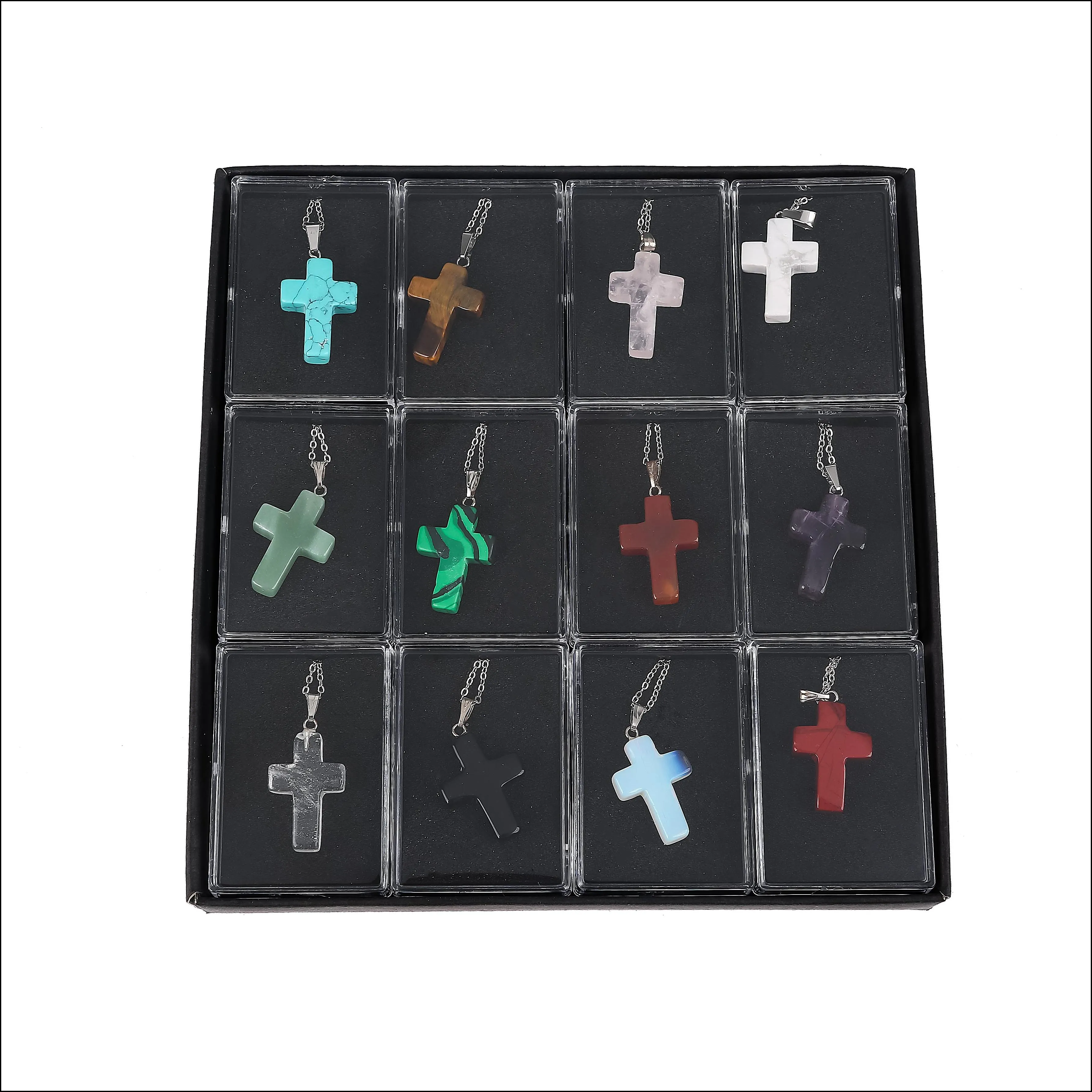 natural quartz crystal healing gemstone cross pendant necklace leather rope pendulum pendants lucky jewelry