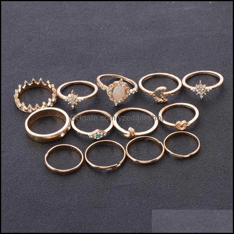 gold knuckle ring set diamond crown bow moon star rings combination stacking ring midi rings women jewelry gift