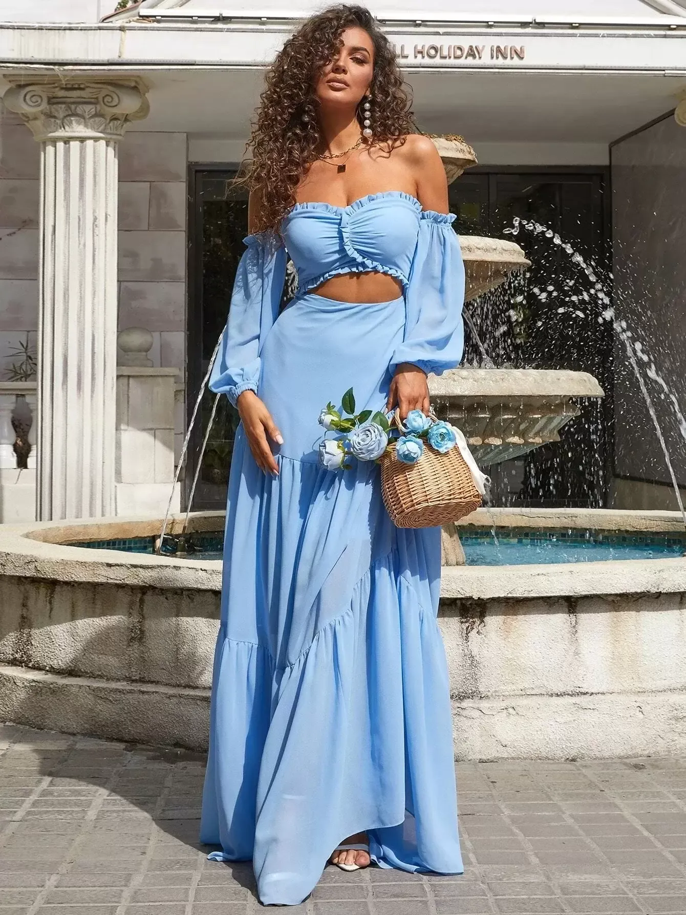 Sexy A-line Light Blue Chiffon Bridesmaid Dresses Long Sleeves Off Shoulder Sweetheart Floor Length Backless Wedding Guest Party Gowns for Nigerian Weddings