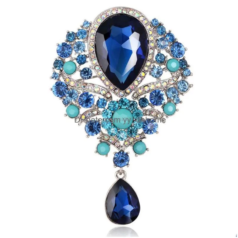 crystal flower water drop brooch pins rhinestone diamond brooches corsage for women men wedding jewelry gift