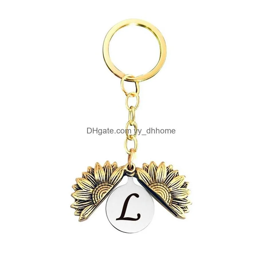 retro gold english letter sunflower locket key ring ancient initial keychain holders bag hang for women men fashion jewelry