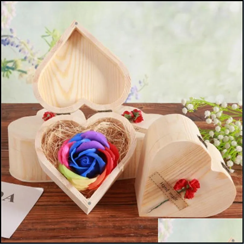 party favor wooden heart shaped box soap flower valentines day gift creative simulation seven colors roses wood boxes case 9ky h1