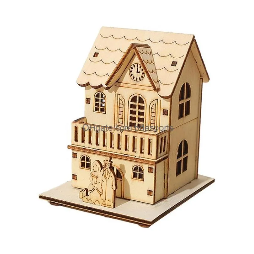 christmas decorations mini glowing wooden house led light ornament church elk design for home village farmhouse decoration xmas table