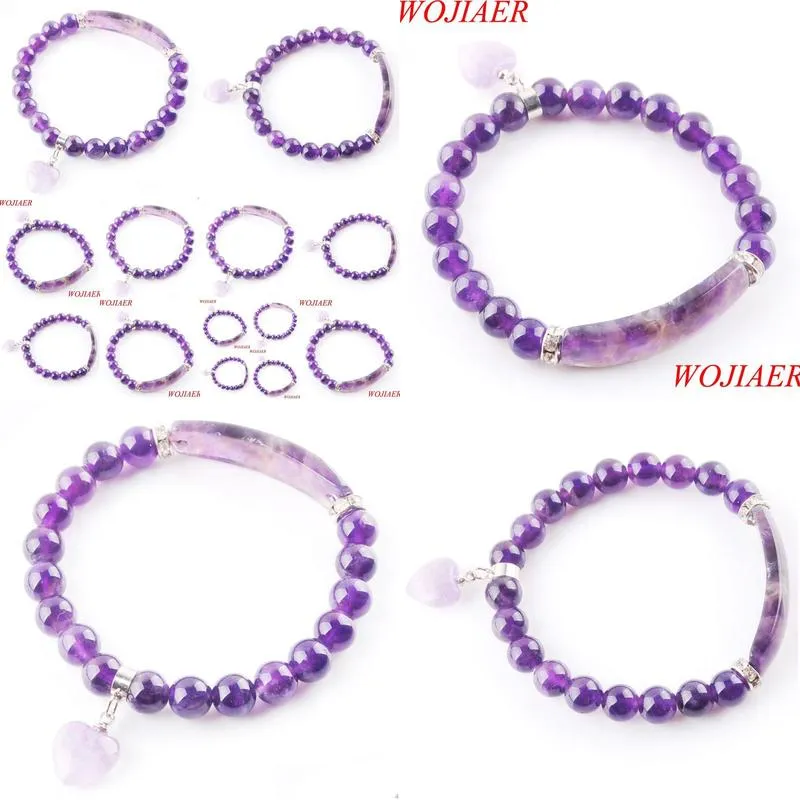  natural stone beads amethyst strand bracelets bangles heart shape charm fitting women jewelry love gifts k3340