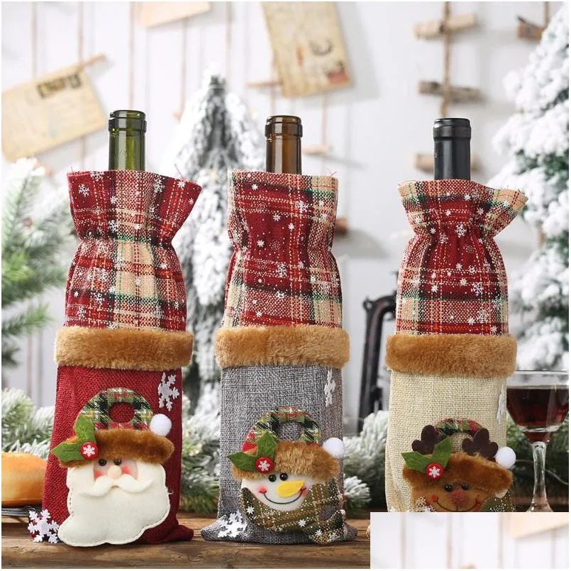 christmas decorations plaid red wine bottle cover ornaments snow santa claus cap year decorationchristmas