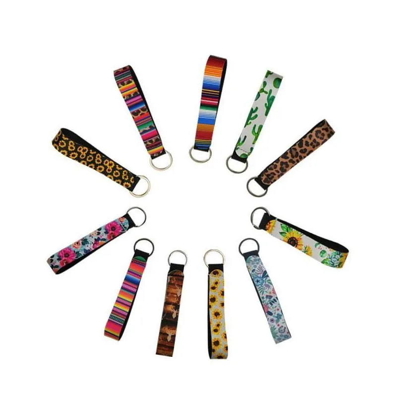 neoprene wristlet keychain colourful printed wrist key belt sunflower strip leopard lanyard key ring keychains new epacket