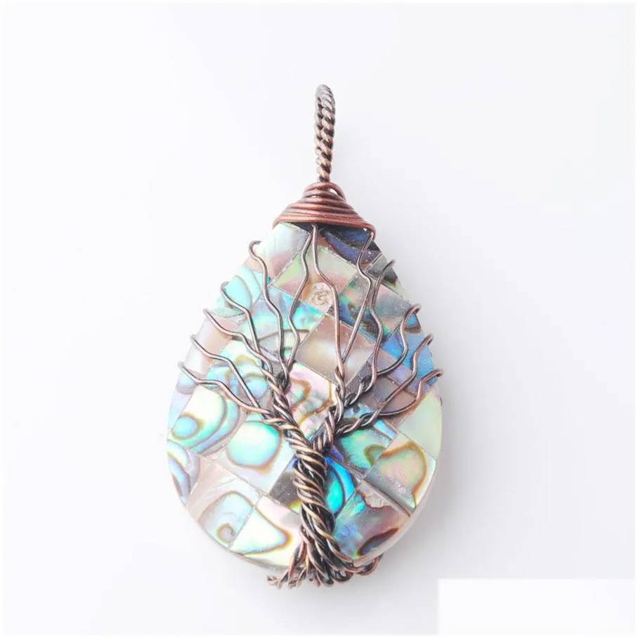  necklace pendant natural abalone shell jewelry tree of life ancient copper metal wire wrap water drop bead chain 18inches
