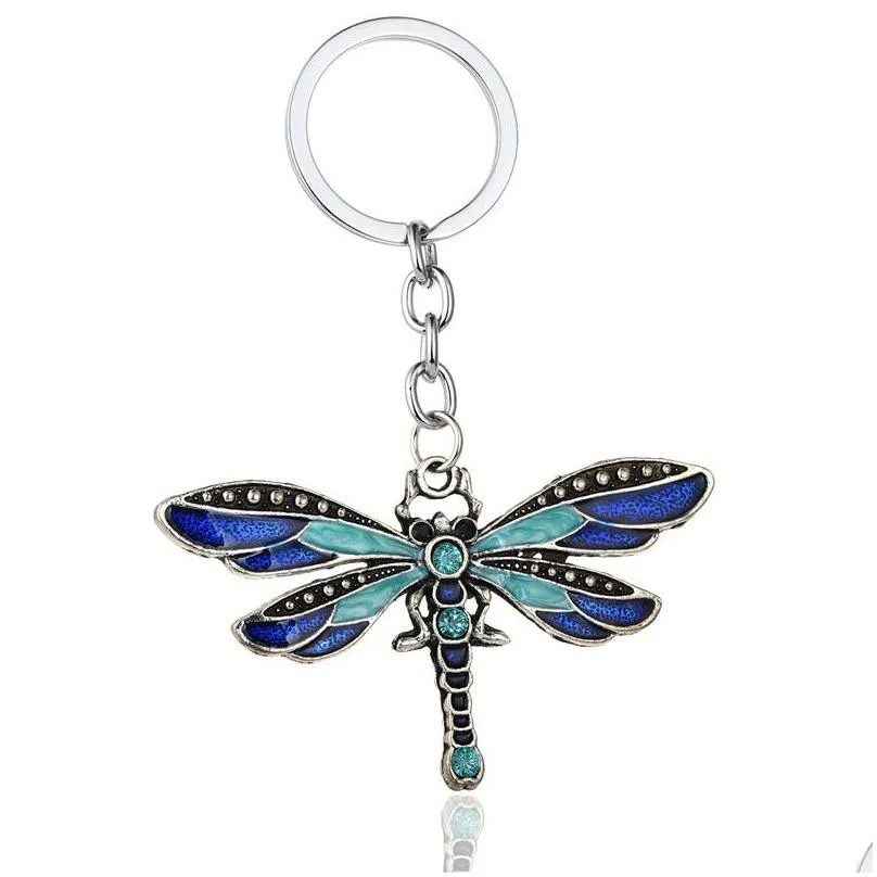 crystal keychains animal dragonfly antique silver rhinestone key chain rings holder car jewelry fashion pendant keyrings for men women