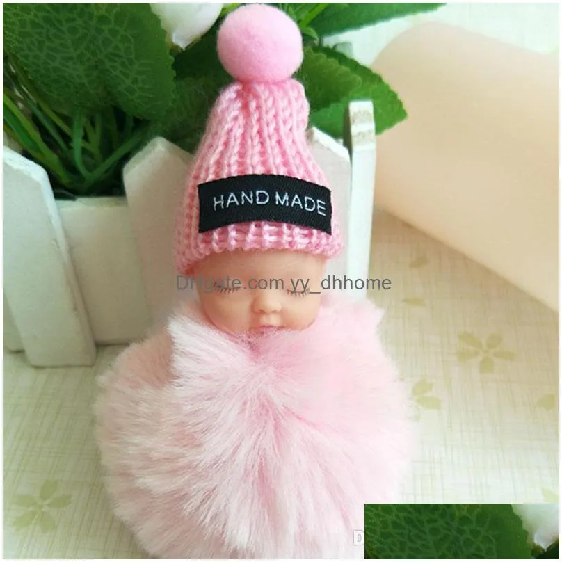 sleeping baby doll keychain pompom rabbit fur ball keyring women key holder bag hangs fashion jewelry