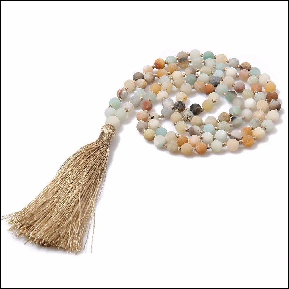 long matte amazonite stone necklace wrap bracelets with tassel pendant women men handmade jewelry for yoga buddhist meditation rosary
