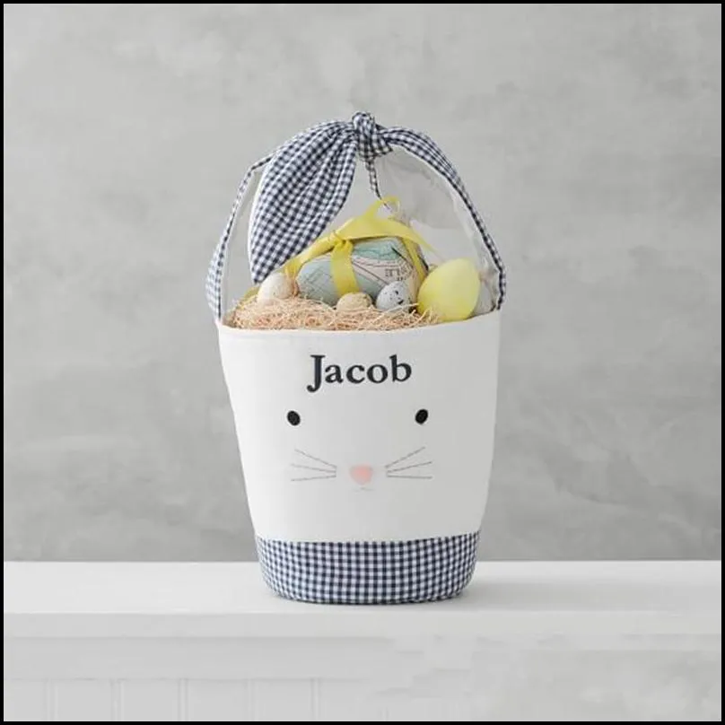 easter lovely cartoon rabbit barrel cylindrical plaidwork bow children candy gift hand basket holiday supplies 13 5fg j2