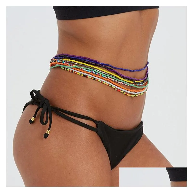 boho style beads waist chain elastic colorful beaded bikini belly chains summer  jewelry for women girls wholesale price