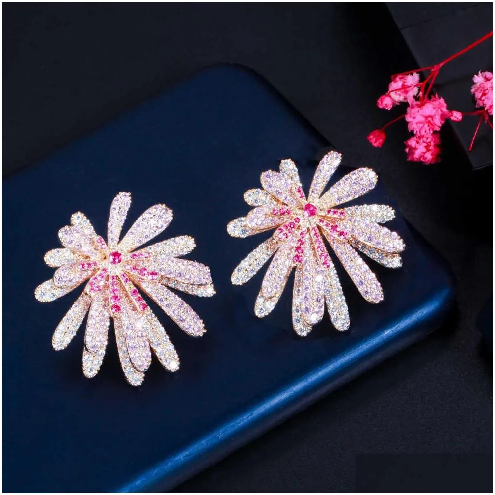 unique designer red pink cubic zirconia pave big geometric flower earrings for women luxury costume jewelry cz884 210714