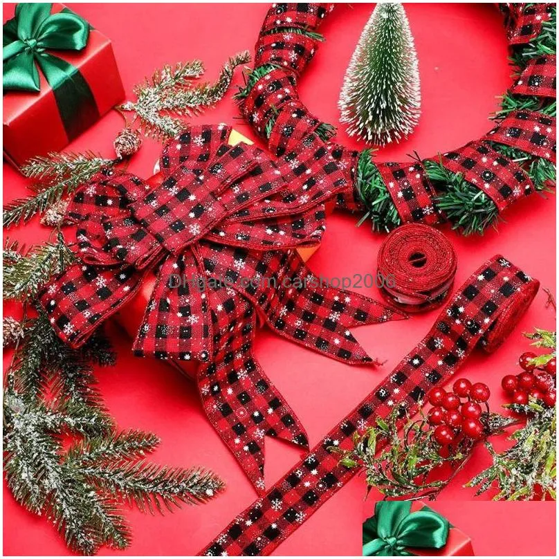 christmas decorations red and black plaid ribbon printed snowflake tie bow ornaments imitation linen ribbonchristmas