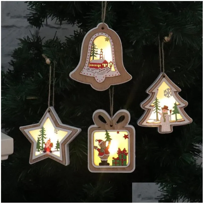 christmas decorations wooden light up pendants luminous xmas tree drop ornament holiday home lighting for party decorationchristmas