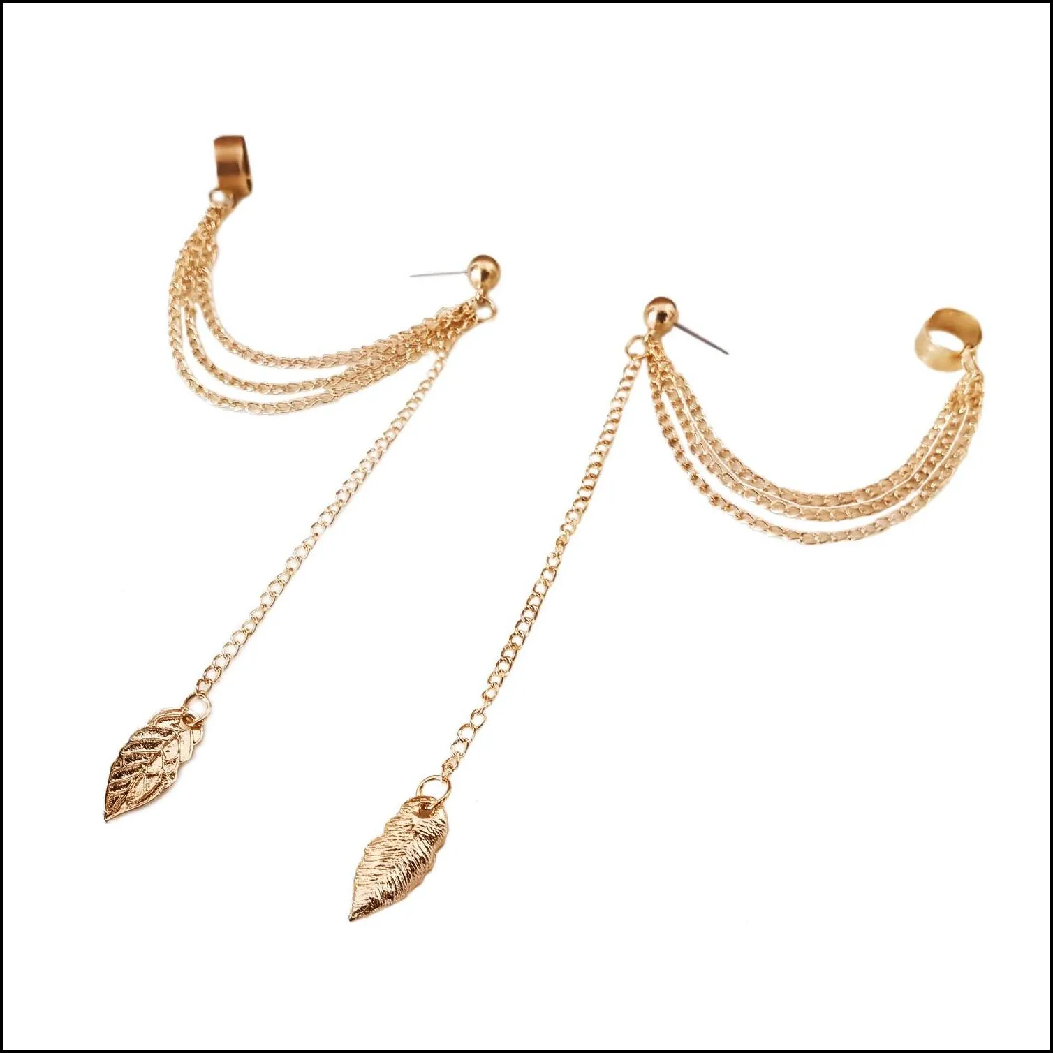 women girl charm stylish punk rock leaf chain tassel dangle ear cuff wrap earring sterling and golden jewelry