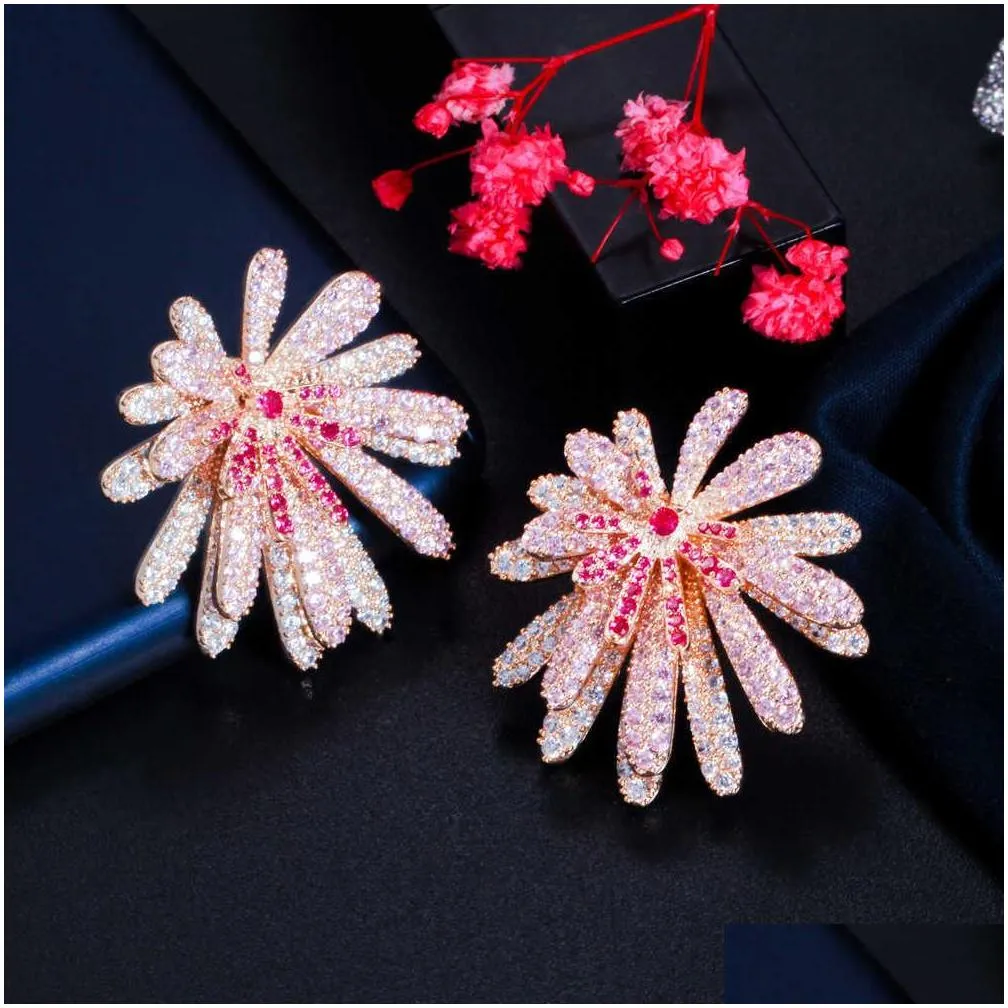 unique designer red pink cubic zirconia pave big geometric flower earrings for women luxury costume jewelry cz884 210714