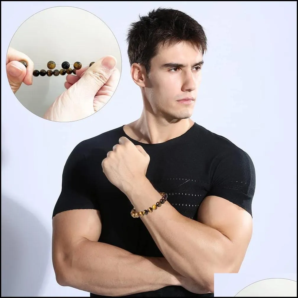 10mm men tiger eye bracelet relax anxiety crystal beaded strand triple protection jewelry healing chakra gemstones bangle for women