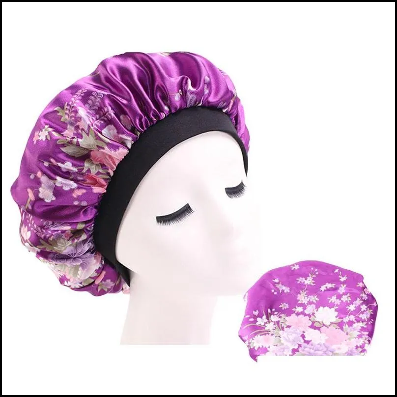 flower elasticity fitted hats head wrap hair bonnets circular satin silk bath sleep hat broad brim shower room accessories lady 4 7ba