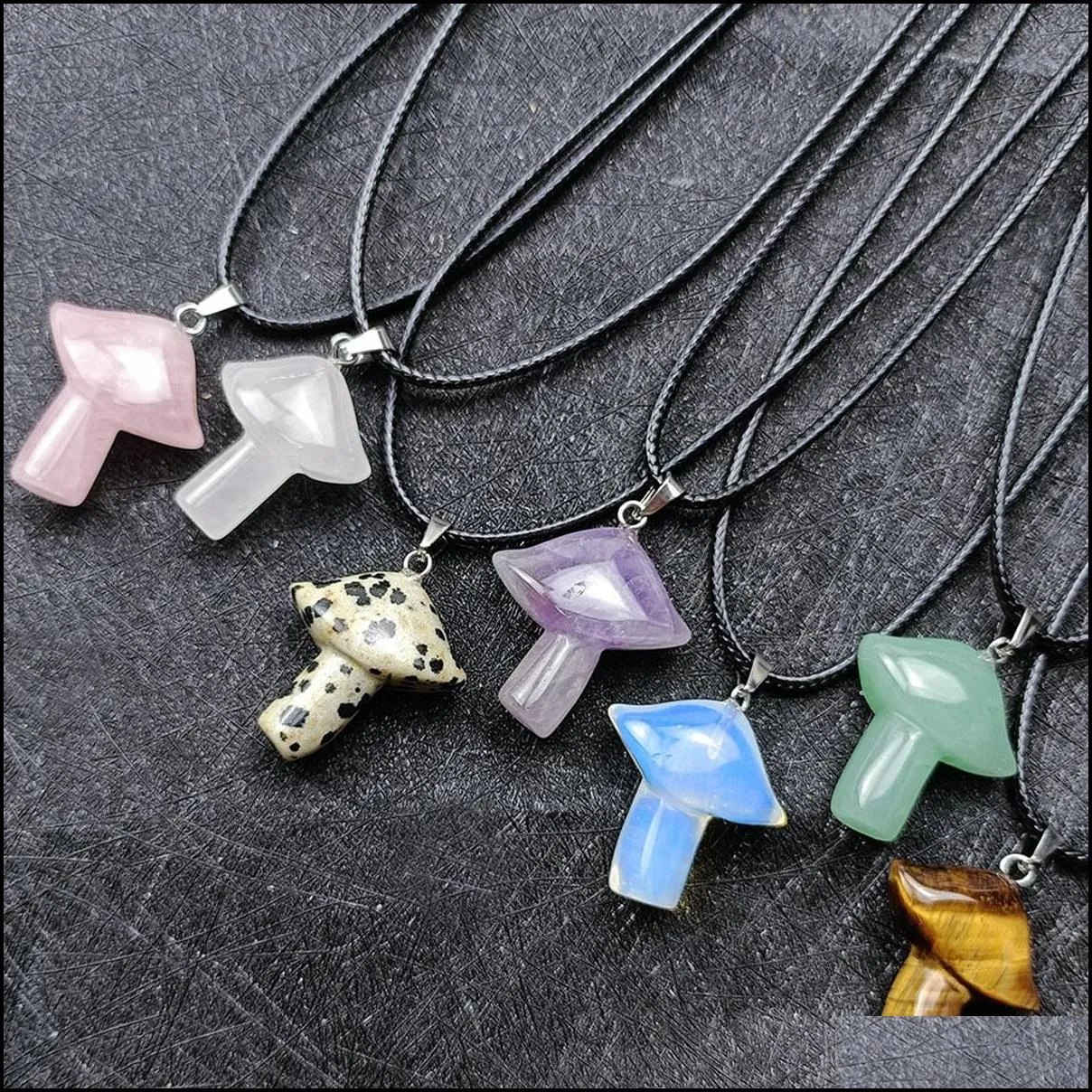 mushroom gemstone pendant necklace for women men natural healing chakra quartz crystal rock charm choker jewelry 45cm black leather