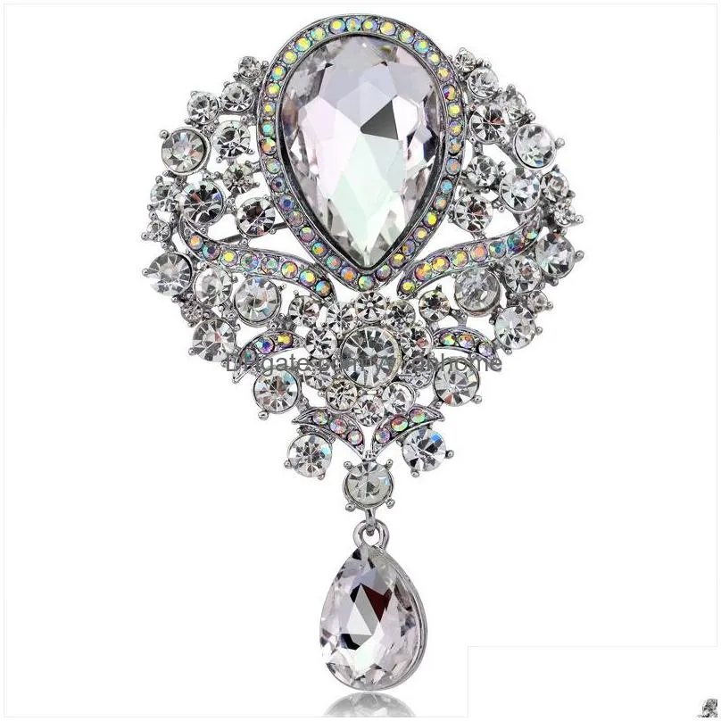 crystal flower water drop brooch pins rhinestone diamond brooches corsage for women men wedding jewelry gift